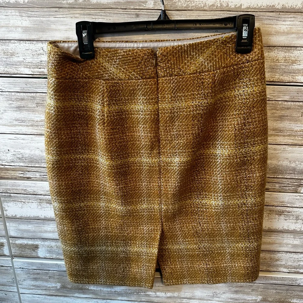 🤎 J.Crew 100% Wool Plaid Pencil Skirt Size 4 Brown Tan Fully Lined